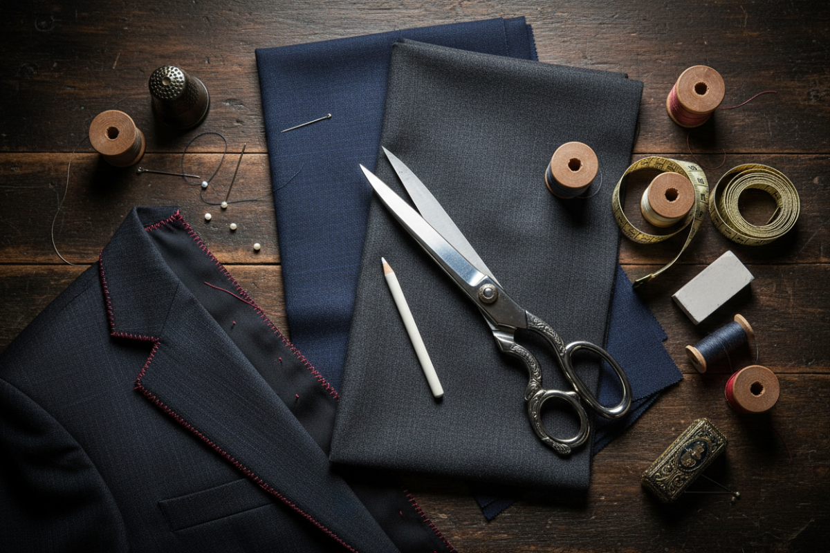 A styled flat-lay of tailoring tools and fabric on a dark wooden table, featuring a pair of large silver scissors, dark navy blue fabric, a navy blazer with red stitching, sewing thread spools, pins, a chalk stick, and a measuring tape.